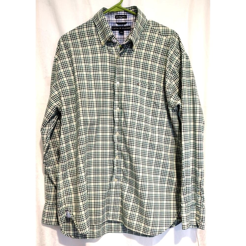 Tommy Hilfiger Large Men's Plaid Shirt Green White Preppy Y2K Casual 100% Cotton